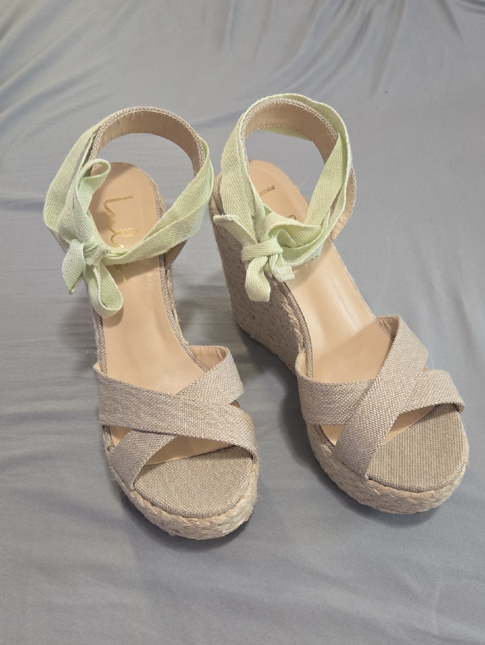 Lulu's Neutral Espadrille Wedges with Pistachio Ankle Tie